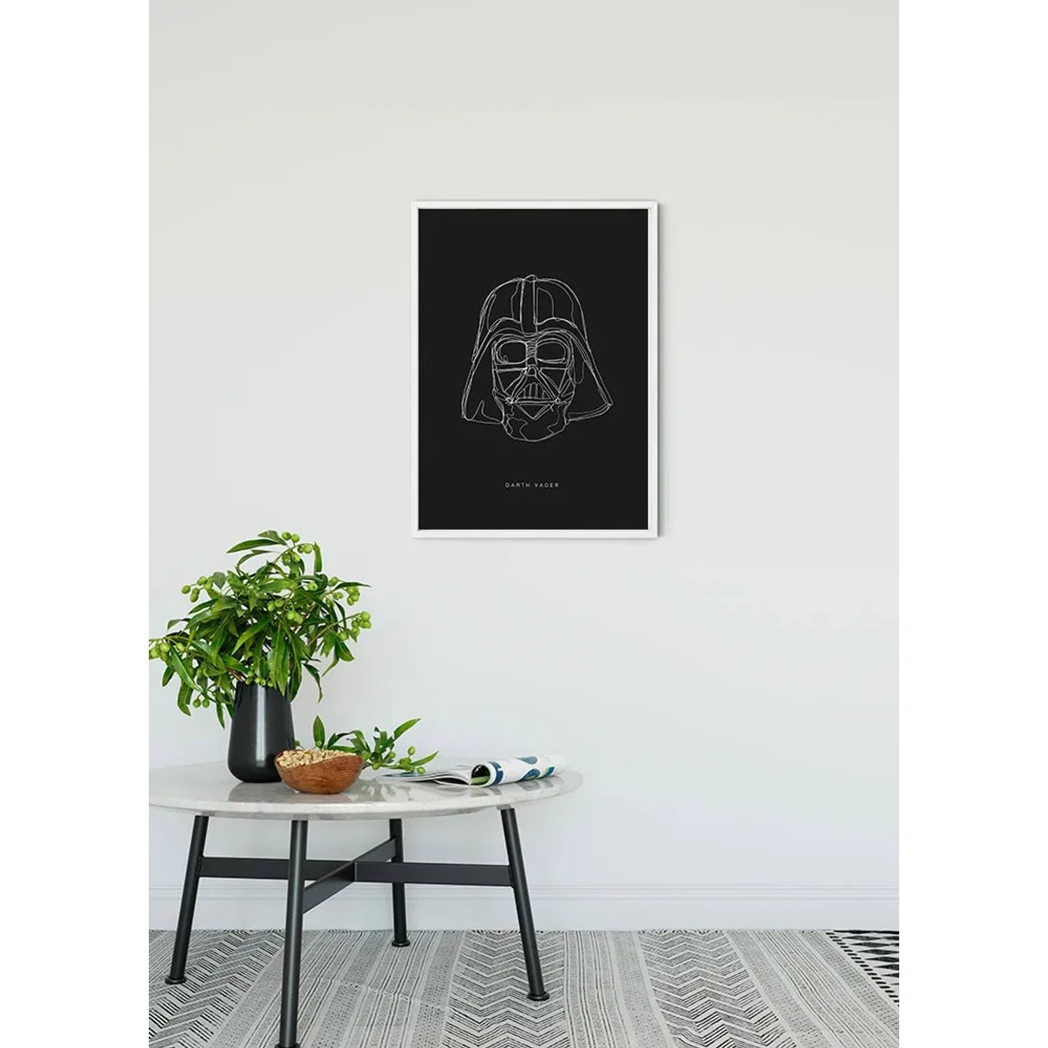 Komar Wandbild Star Wars Vader, 50x70 cm, minimalistische Strichzeichnung auf schwarzem Grund.