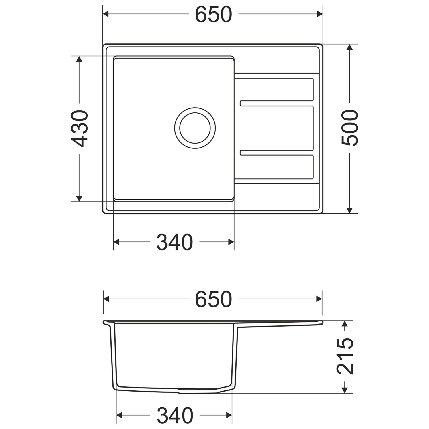 Technische Zeichnung der grauen Miló Einbauspüle Luxuria 65 aus Granitverbundstoff mit Maßangaben.