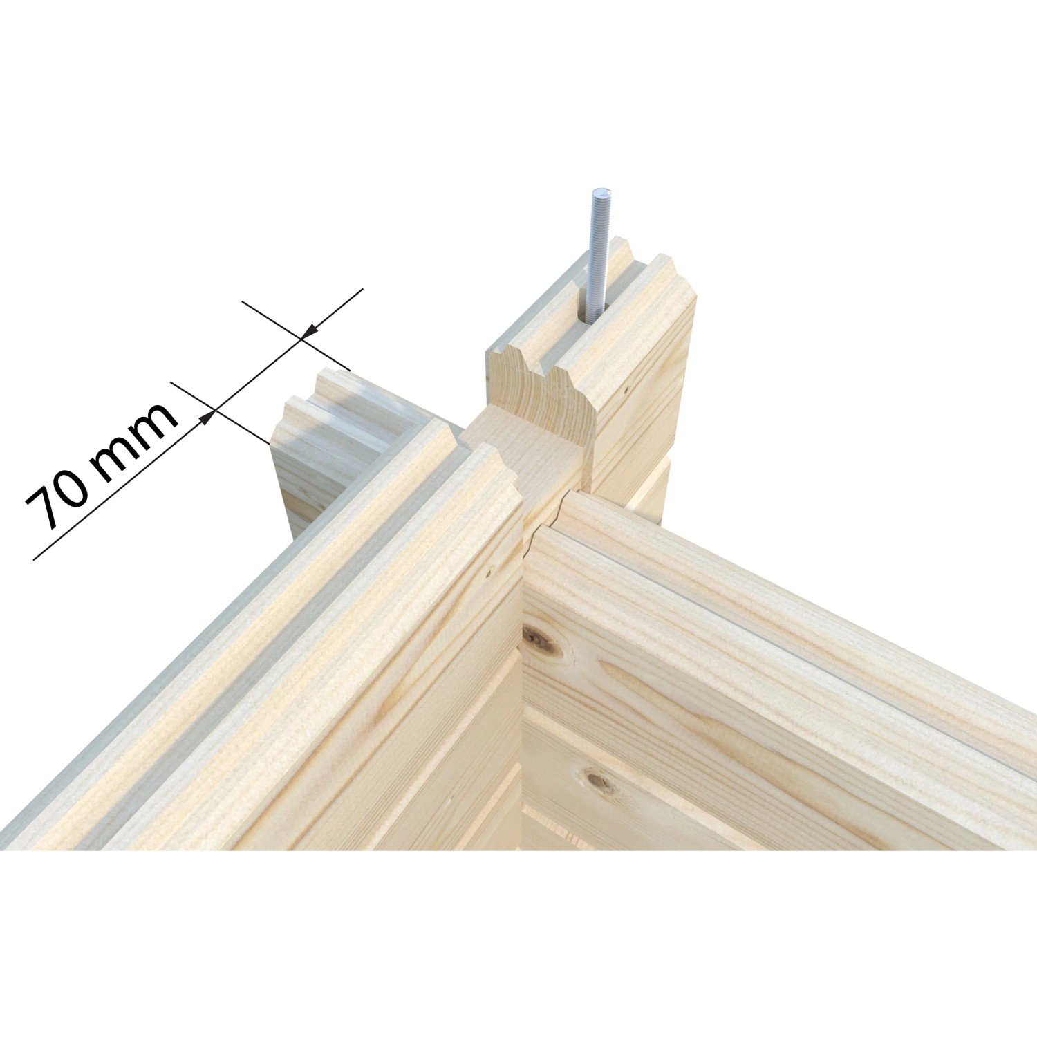 Detailaufnahme: Eckverbindung der Palmako Holzgarage, Blockbohlenbauweise mit 70mm Abstand.
