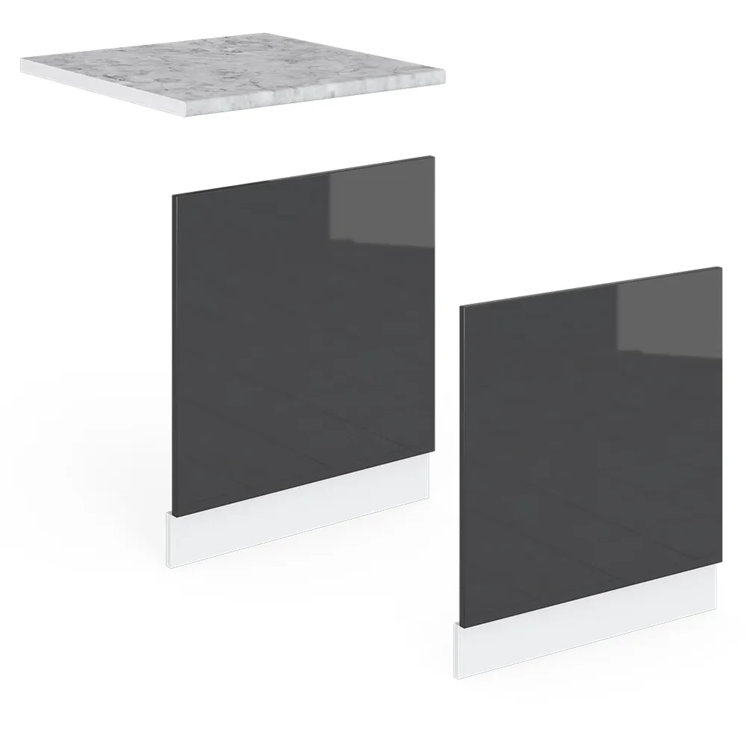 Vicco Frontblende für Geschirrspüler, Anthrazit Hochglanz/Weiß, mit Marmor Arbeitsplatte.