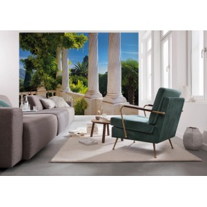 Fototapete Villa Liguria mit Säulen und mediterraner Landschaft im Wohnraum.