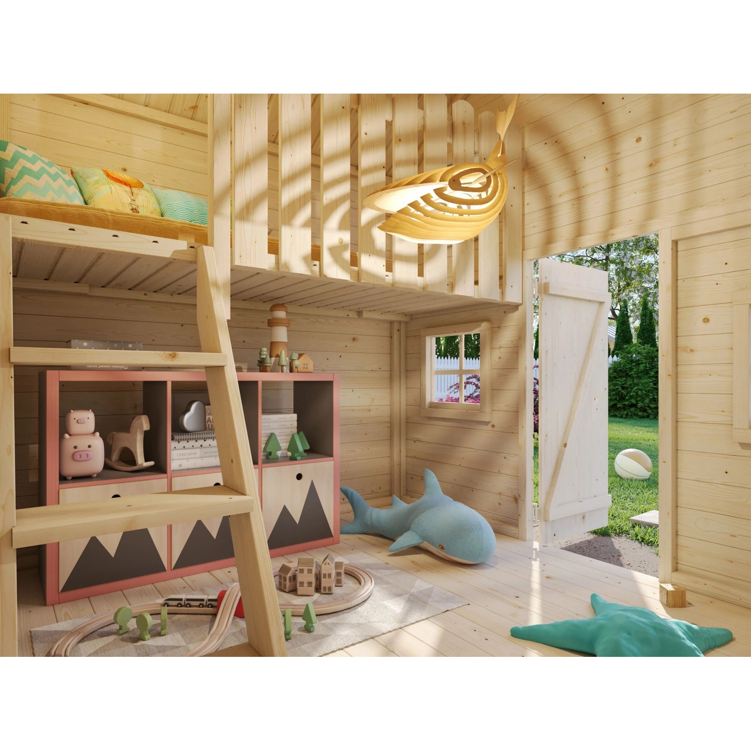 Palmako Spielhaus Tom aus Fichtenholz, naturbelassen, mit zwei Ebenen und Leiter im Innenraum.