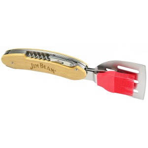 Jim Beam 5-in-1 BBQ-Werkzeug mit Holzgriff: Pfannenwender, Gabel, Pinsel, Korkenzieher, Öffner.