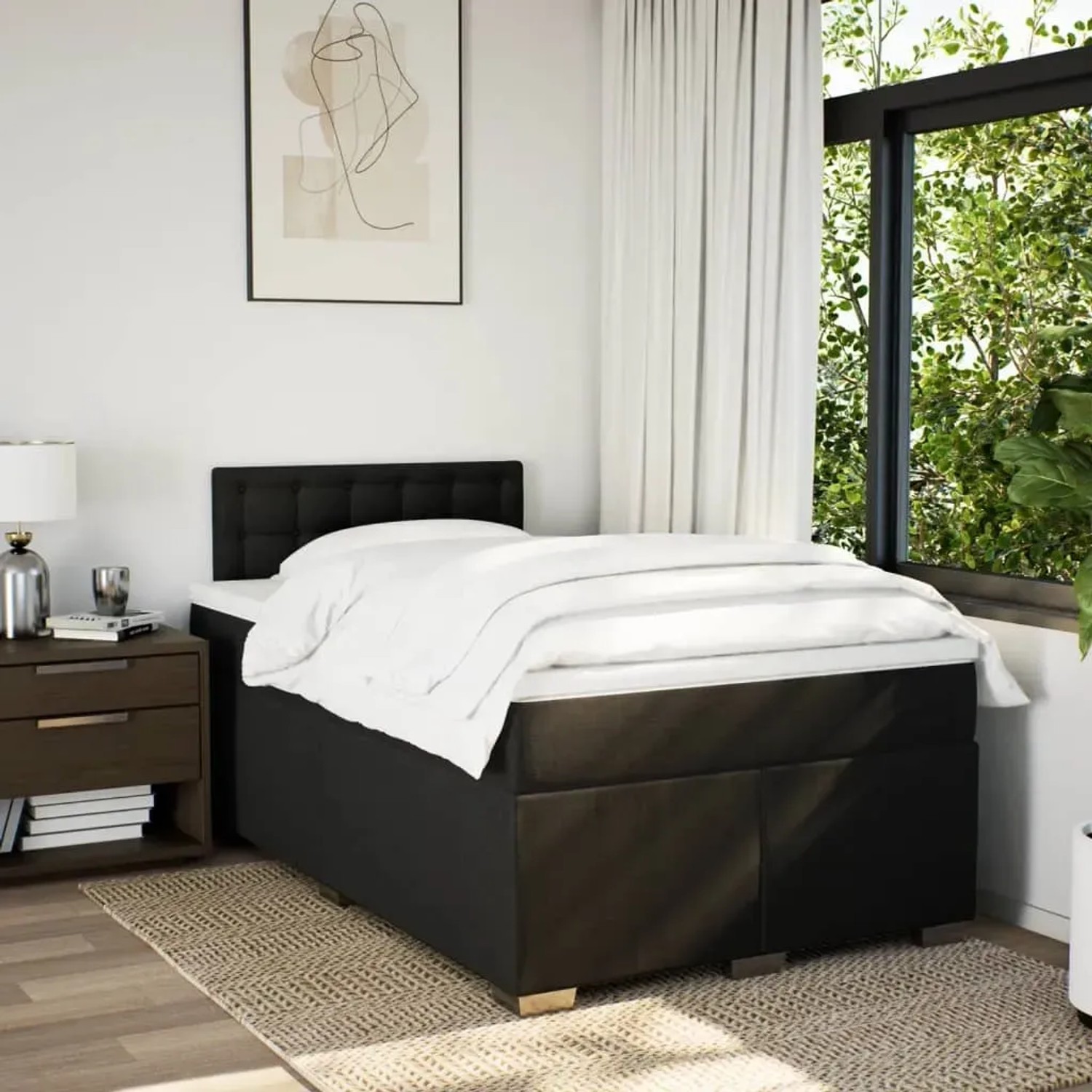 Schwarzes vidaXL Boxspringbett (120x200 cm) mit Matratze und Kopfteil im Schlafzimmer.