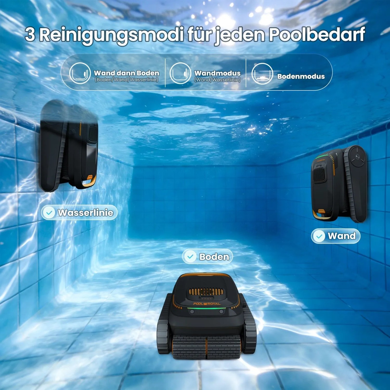 POOL ROYAL Akku-Poolroboter PR10 im Pool, verschiedene Reinigungsmodi für Boden, Wand und Wasserlinie.