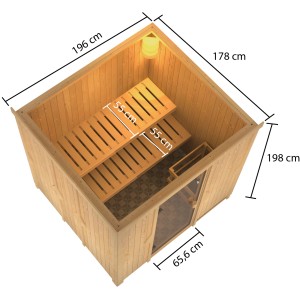 Woodfeeling Sauna Tromsö mit Bio-Ofen, bronzierter Glastür und zwei Saunabänken aus Espenholz.