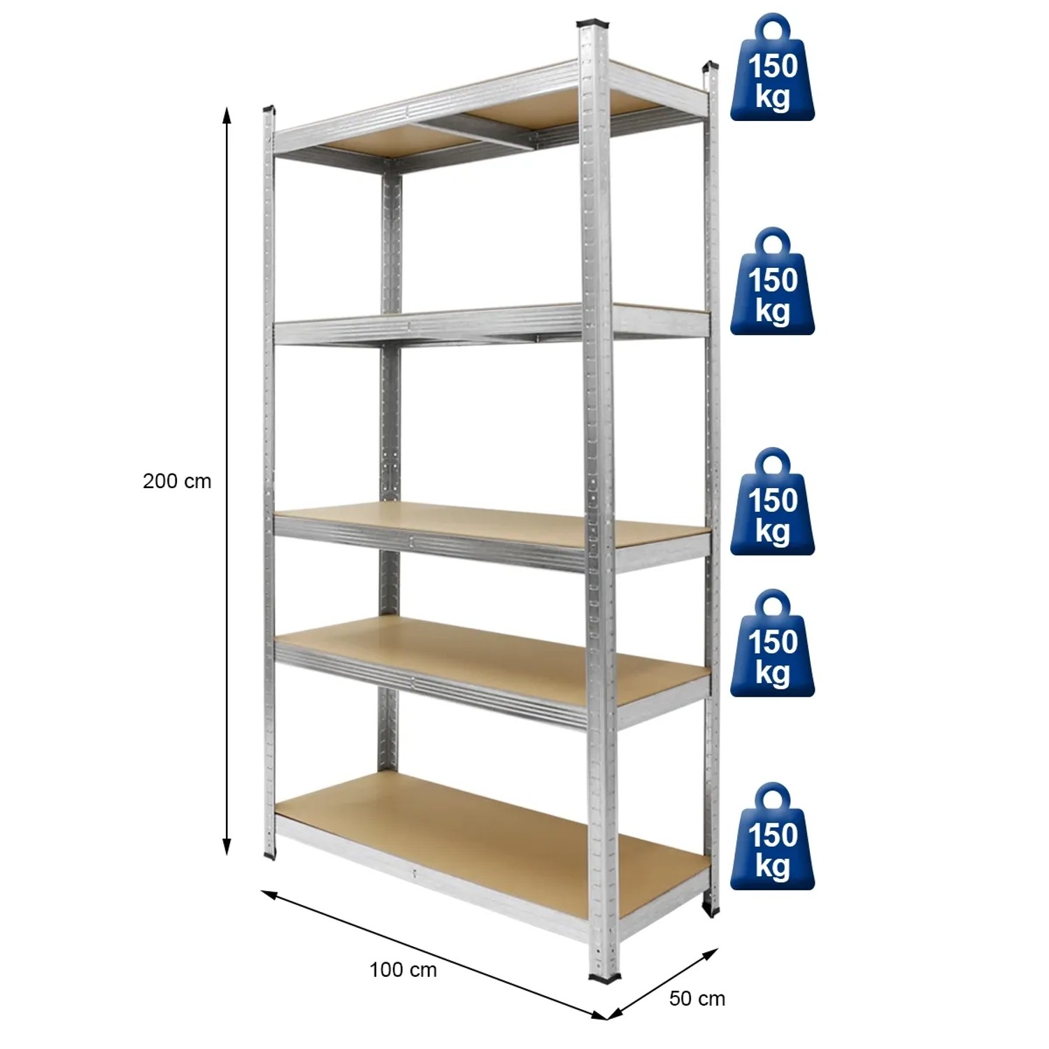Werkstattregal von ECD Germany, 200x100x50 cm, verzinkt, mit 5 MDF-Platten, bis 750 kg belastbar.