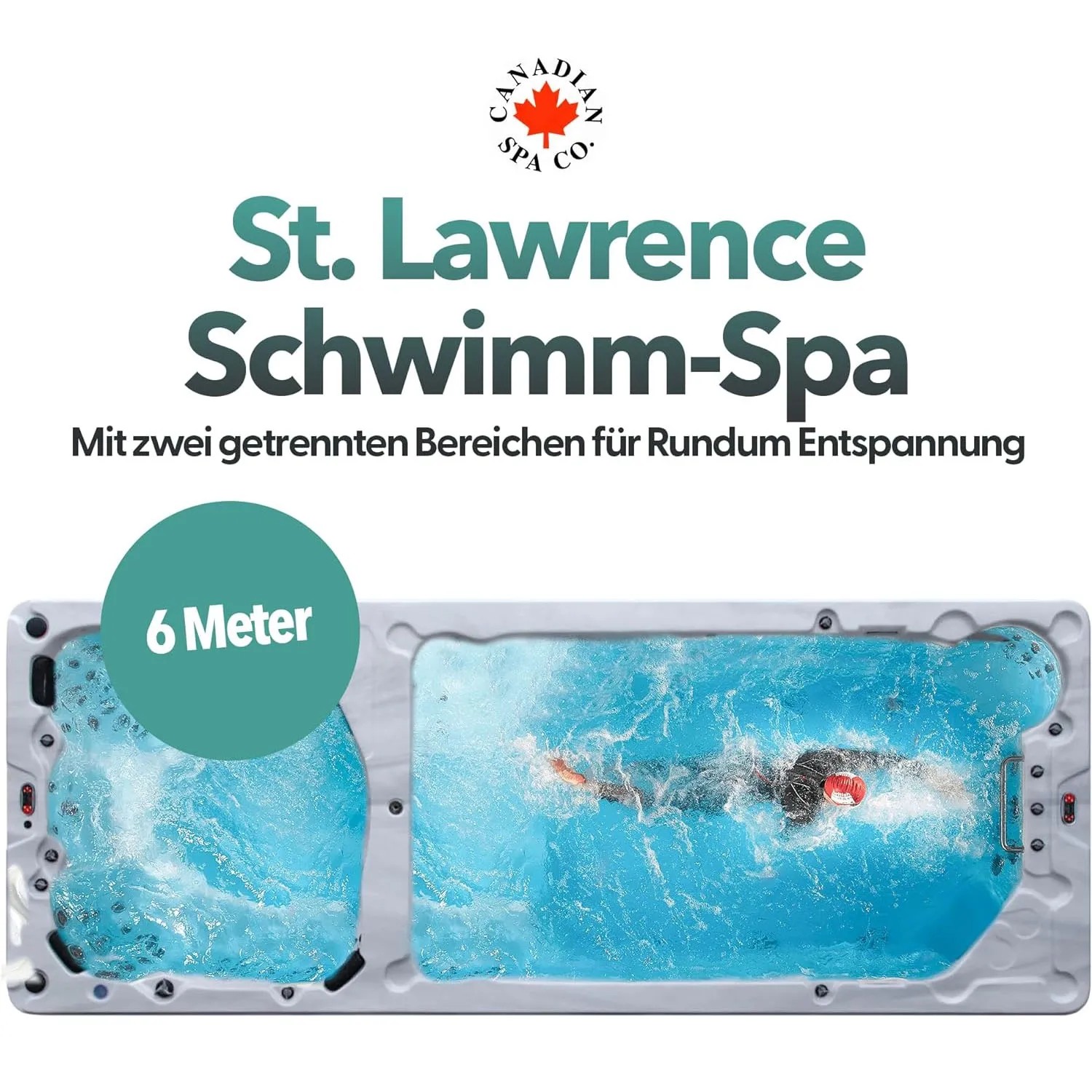 Canadian Spa Swim Spa St. Lawrence: Whirlpool mit Schwimmbereich, ca. 6 m lang, mit Person beim Schwimmen.