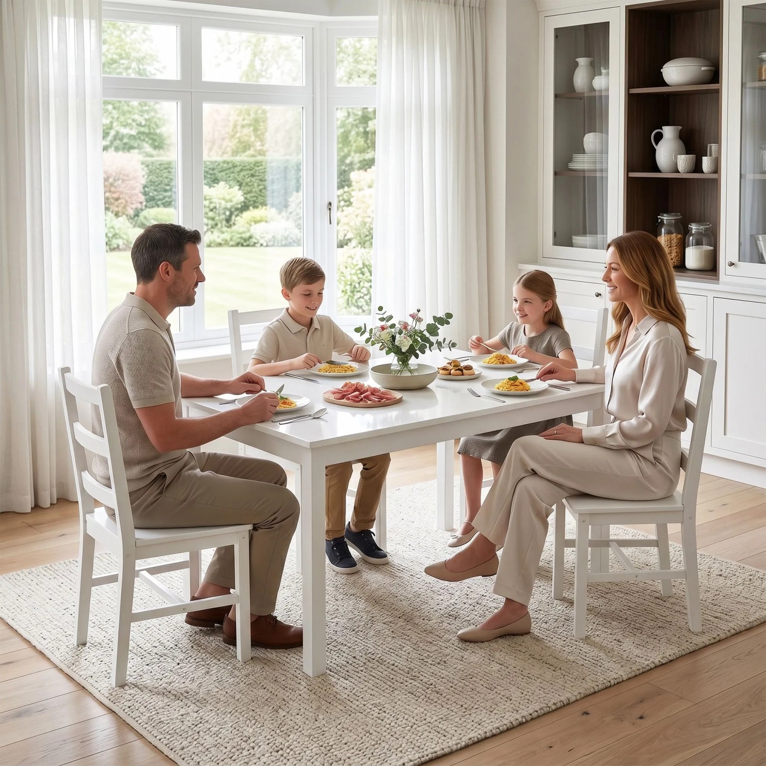 Weiße HOMCOM Essgruppe aus Kiefernholz mit rechteckigem Tisch und 4 Stühlen, Familie im Esszimmer.