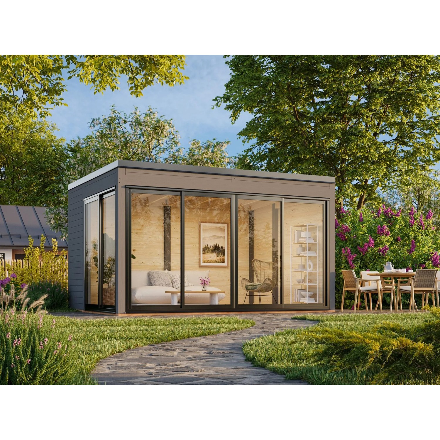 Palmako Holz-Gartenhaus Serena Slide Pultdach Lackiert 420 cm x 320 cm 12,6 m²