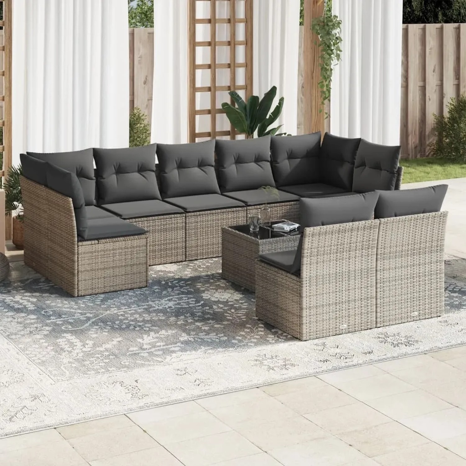 Graue 10-tlg. vidaXL Garten-Sofagarnitur aus Rattan mit Kissen und Tisch.