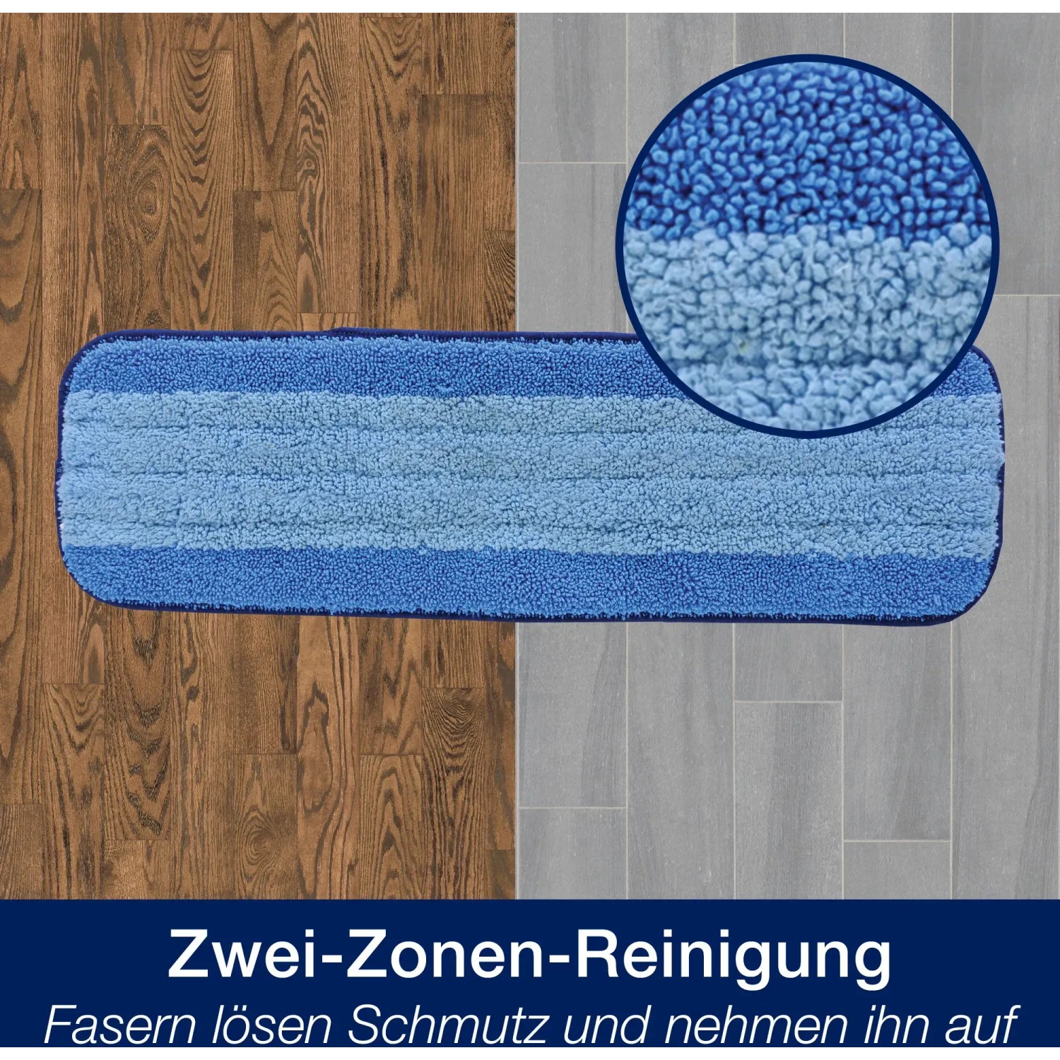 Bona Premium Spray Mop Pad für Parkett, blau gestreift, mit Detailaufnahme der Mikrofaserstruktur.