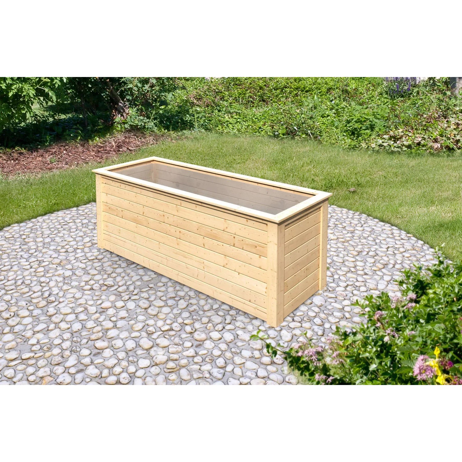 Naturbelassenes Karibu Hochbeet aus Fichte, 92x244x94 cm, auf Steinen im Garten.