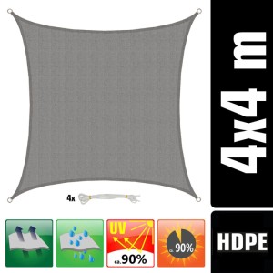 Graues, quadratisches AMANKA HDPE Sonnensegel 4x4m mit UV-Schutz und Befestigungsseilen. Wasserdurchlässig und luftdurchlässig.