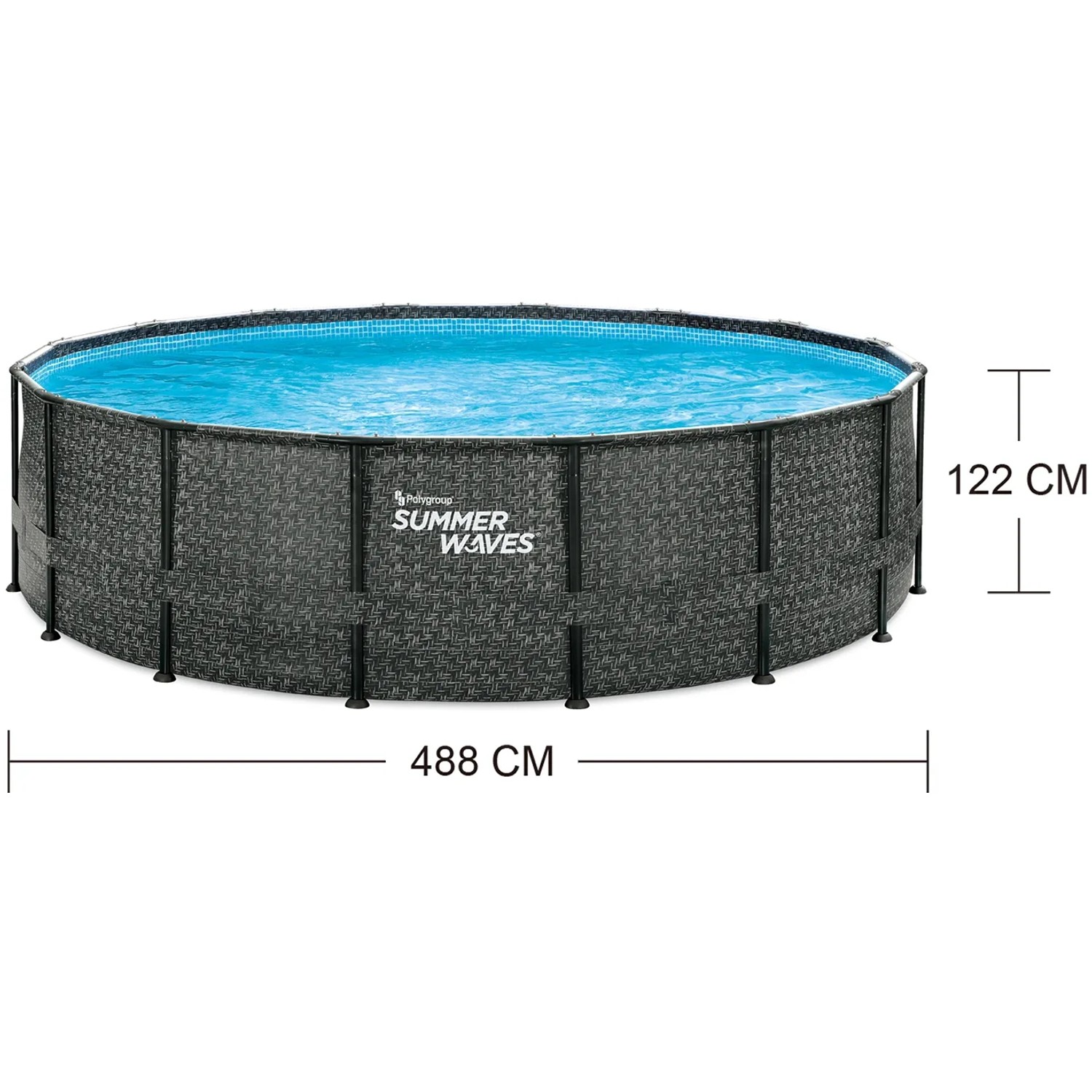 Summer Waves Rundpool, 488x122 cm, Rattangrau. Stahlrahmenpool mit Rattan-Optik.