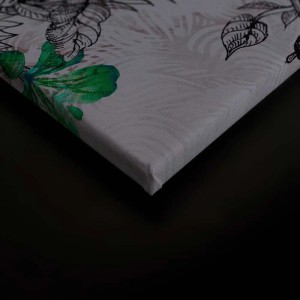 Modernes Leinwandbild mit Vogel- und Blumenmuster in Blau und Lila für Wohn- und Schlafzimmer.