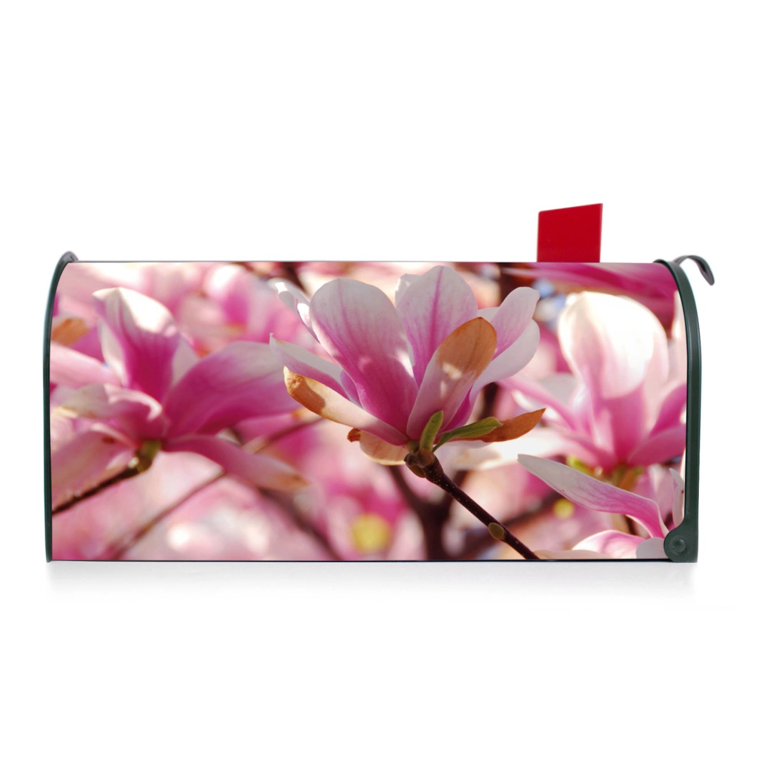 Grüner Banjado US Briefkasten mit Magnolien Motiv, Stahl pulverbeschichtet, rote Fahne.