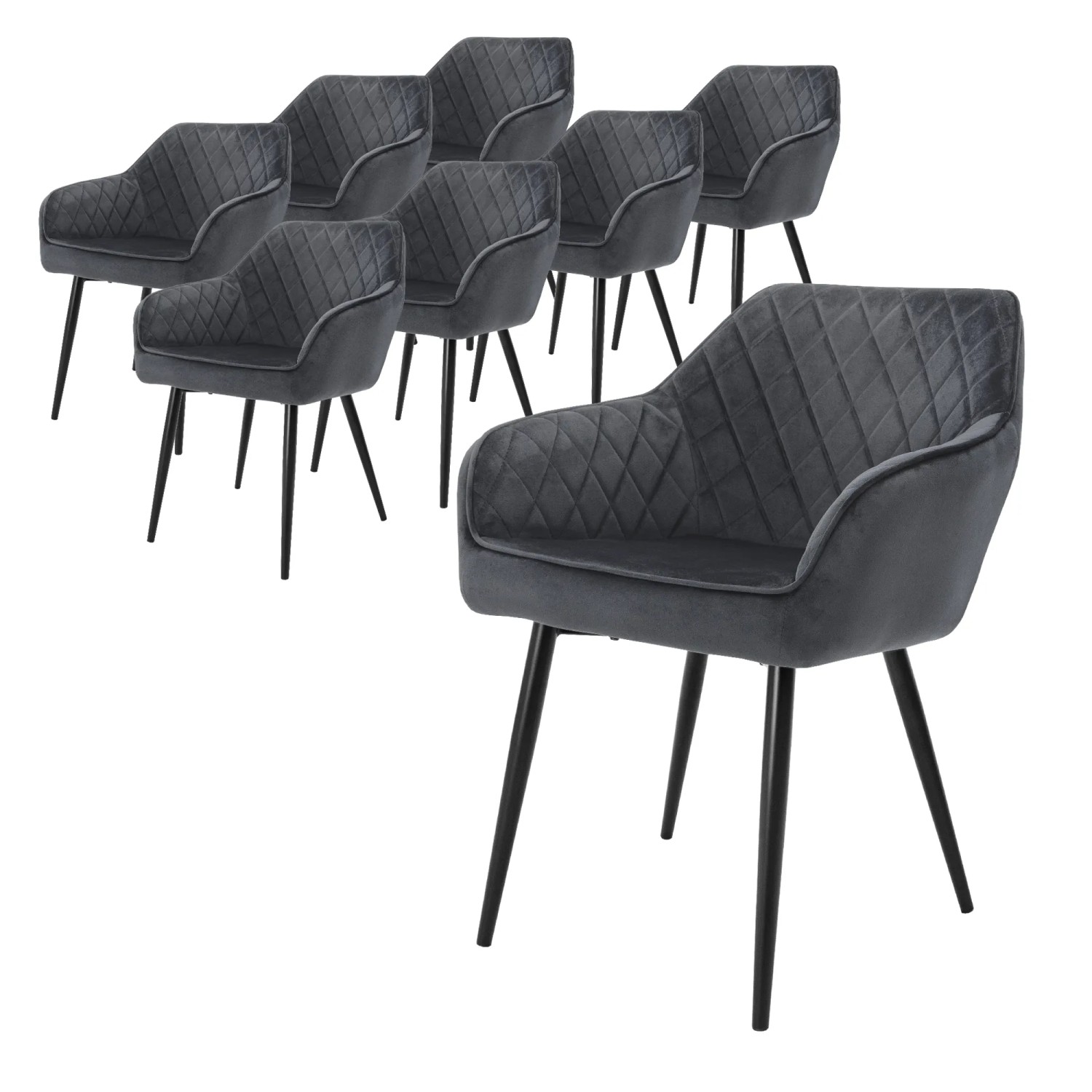 8er Set anthrazitfarbene ML-Design Esszimmerstühle mit Armlehne und Rautensteppung.