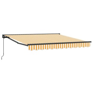Einziehbare Markise in Gelb-Weiß gestreift, mit schwarzem Gestell und Kurbel. Ideal für Terrasse & Garten.