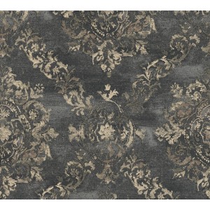 Umbragraue Vliestapete mit Barock Ornamenten in Perlbeige und leichtem Glanz.