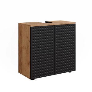 Waschbeckenunterschrank Irma in Eiche Goldkraft/Anthrazit mit zwei Türen und Siphonausschnitt.