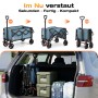Blauer Sunula Bollerwagen faltbar in drei Schritten dargestellt, kompakt im Kofferraum verstaut. Ideal für Camping & Zubehör.