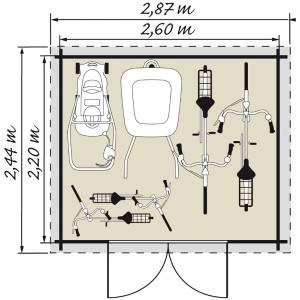 Grundriss Kiehn-Holz Gartenhaus KH 19-021 Unberührt, 260x220cm, mit Fahrrädern und Gartengeräten.