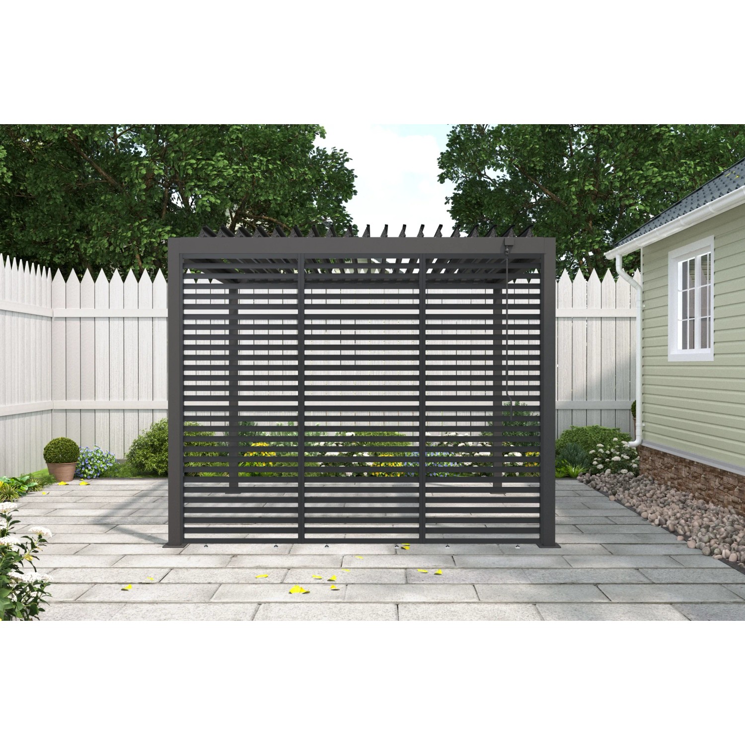 Anthrazitfarbene Lamellenwand 93cm für Pergola, bietet Privatsphäre im Garten. Horizontale Lamellen.