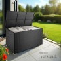 Tectake Auflagenbox Oslo, 750L, Rattangeflecht, schwarz, mit geöffnetem Deckel und Polstern.