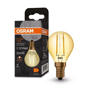 Osram LED-Leuchtmittel E14 Tropfenform, 2,5W, goldfarben, neben Produktverpackung.