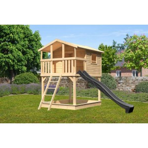 Karibu Stelzenhaus Benjamin mit Rutsche in Natur und Anthrazit. Kinder-Gartengerät mit Leiter.