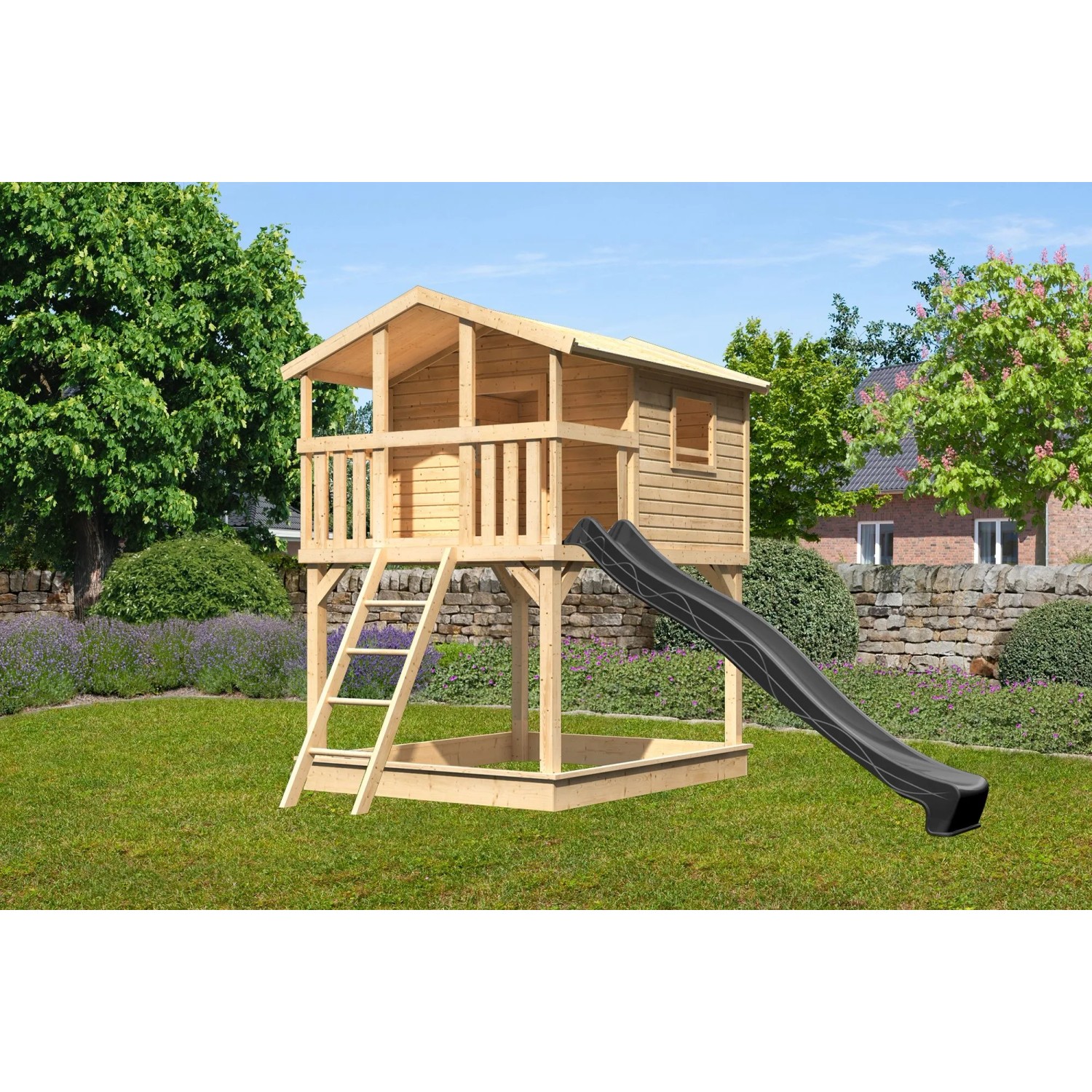 Karibu Stelzenhaus Benjamin mit Rutsche in Natur und Anthrazit. Kinder-Gartengerät mit Leiter.