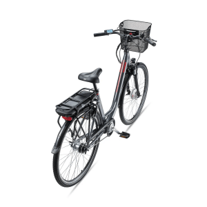 Telefunken City E-Bike, 28 Zoll, Anthrazit mit Korb, Frontmotor und Gepäckträger.