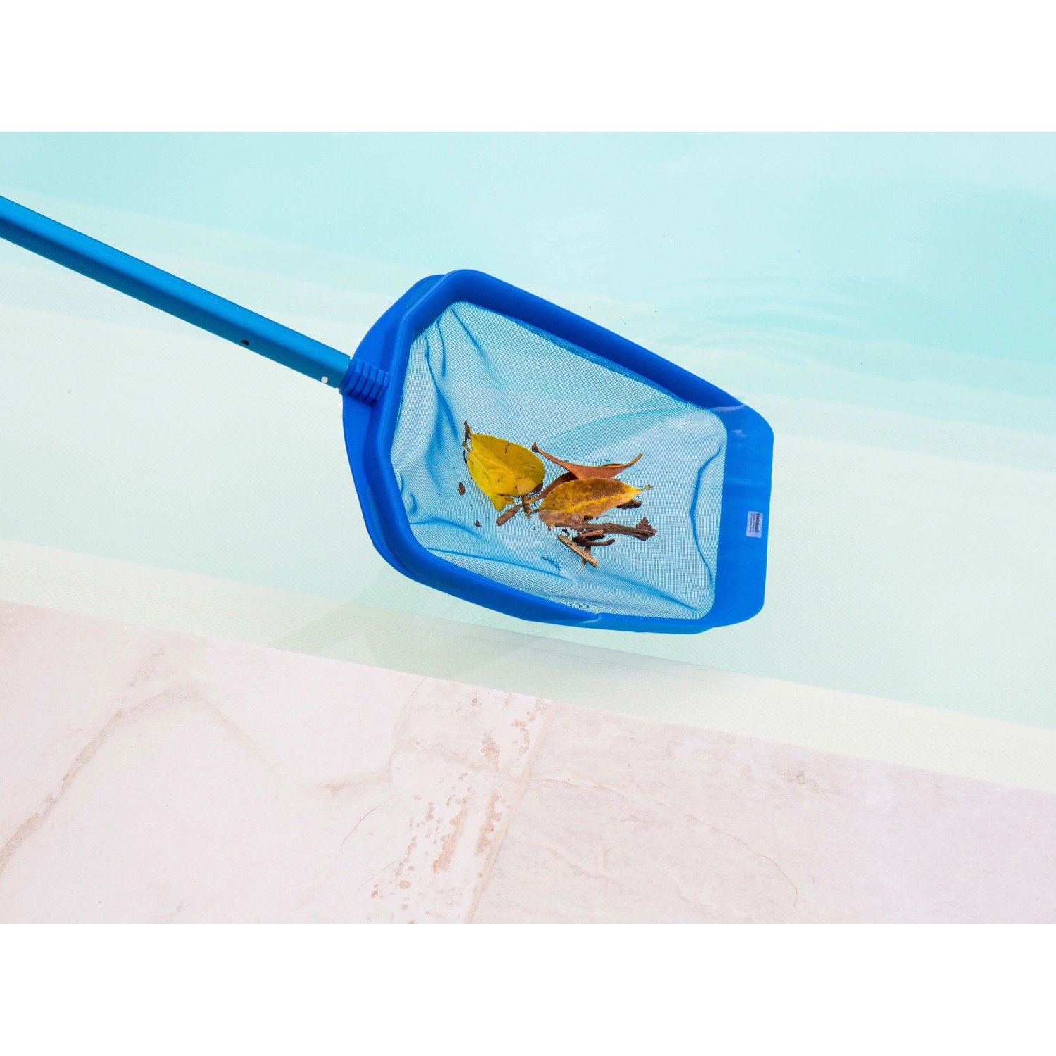 Blauer Steinbach Poolkescher mit Laub im Netz zur Reinigung von Pools.