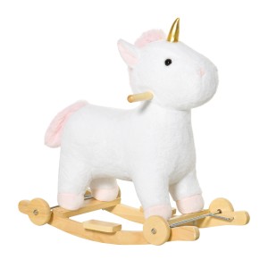 Weißes HOMCOM Schaukelpferd Einhorn mit Rädern und Holzgestell.