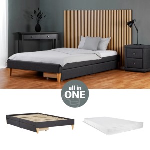 Graues Polsterbett 140x200 mit Lattenrost, Matratze und Bettkästen. Schlafzimmer-Komplettset.
