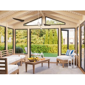 Heller Palmako Pavillon Isabella mit Holzmöbeln und Gartenaussicht.