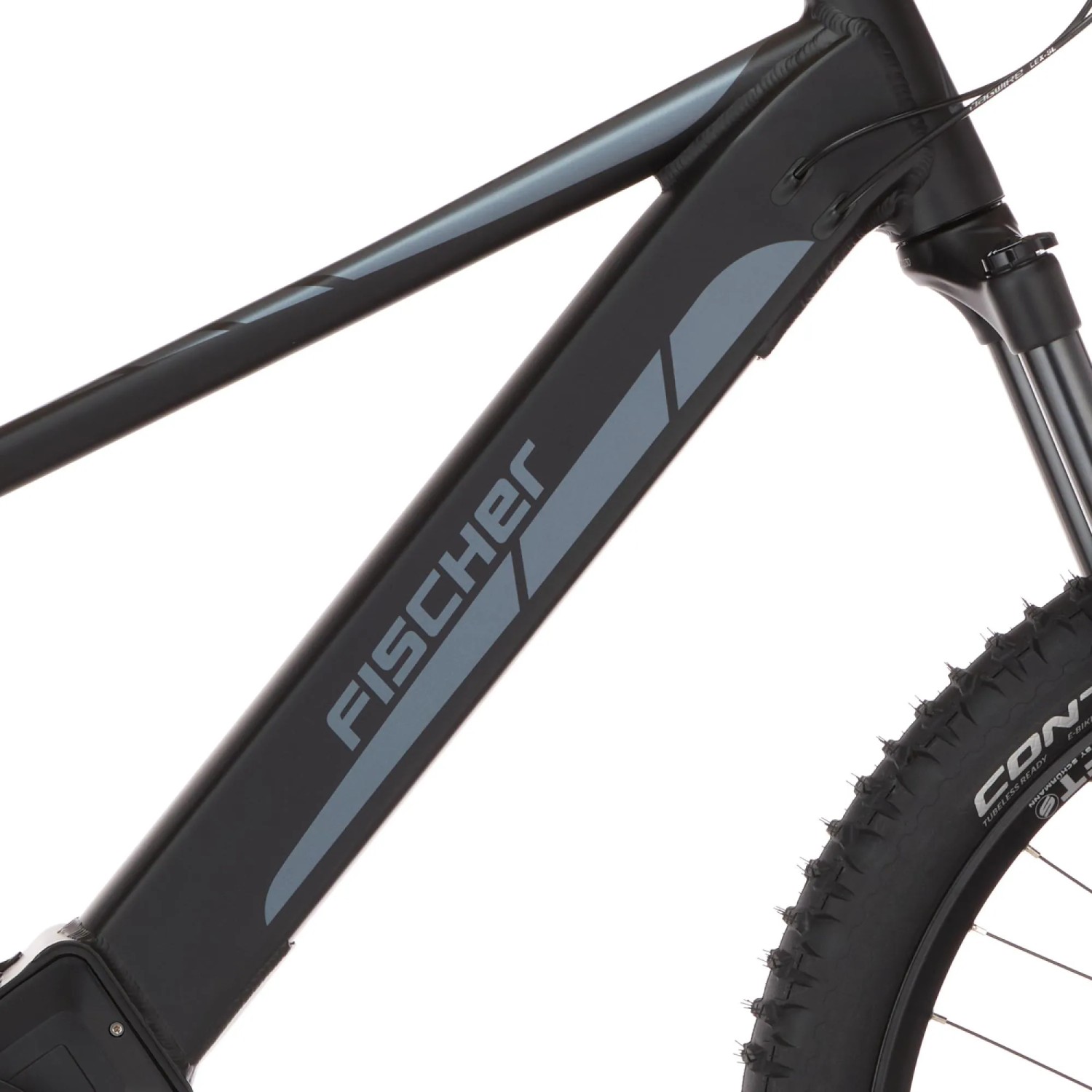 Detailaufnahme: Schwarzes Fischer E-Bike Montis 6.0i Fully mit grauem Schriftzug.