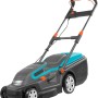 Gardena Elektro-Rasenmäher PowerMax 1800/42 in Grau und Türkis, seitliche Ansicht.