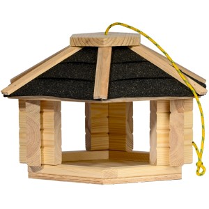Dobar Vogelhaus Zwart aus hellem Kiefernholz mit schwarzem Bitumendach und gelber Aufhängung für Wildvögel im Garten.