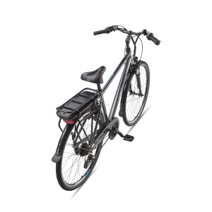 Telefunken Trekking E-Bike mit 21-Gang Shimano Schaltung und Hinterradmotor, gesehen von hinten oben.