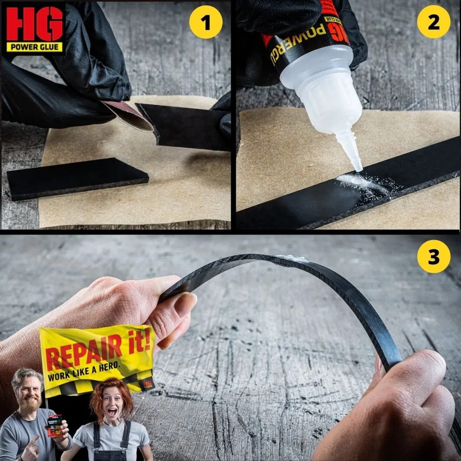 Anwendung des HG Power Glue Klebstoff Sets zum Kleben, Füllen und Formen von Materialien.
