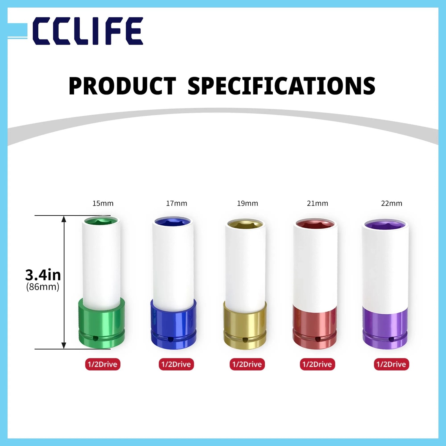 CCLIFE 5-teiliges 1/2 Zoll Schlagschrauber Nuss Set, farbig, Größen 15, 17, 19, 21, 22mm, 85mm lang.