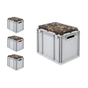 SparSet: 4 graue Euroboxen mit Camouflage-Sitzkissen, 30 Liter, als Transport- und Sitzbox.