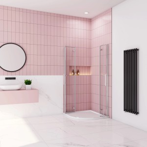 Eckdusche: Faltbare AICA Runddusche 80x80cm mit NANO-Glas in modernem Badezimmer.