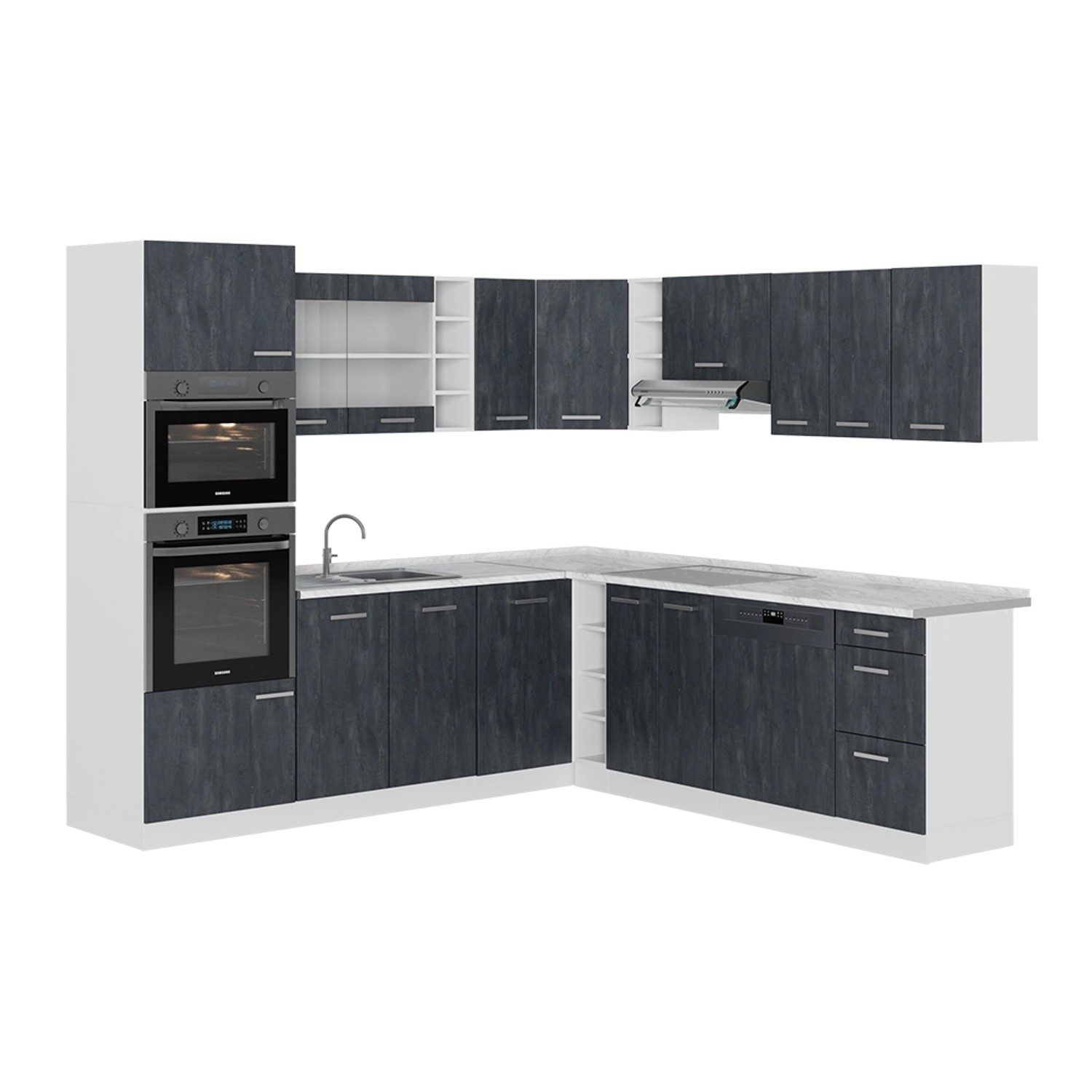 Vicco R-Line Einbauküche in L-Form Schwarz Beton/Weiß 237 x 247 cm ohne Arb günstig online kaufen