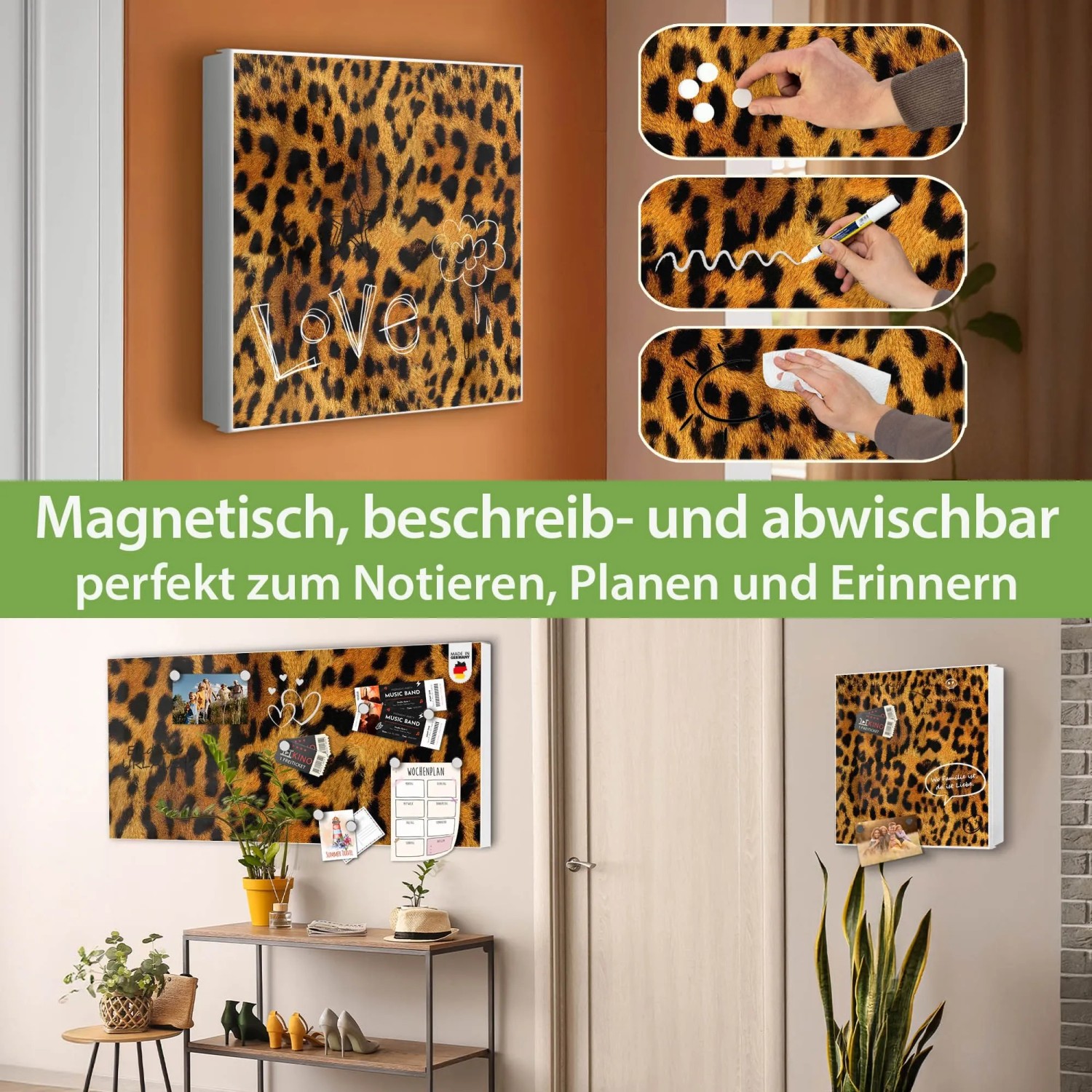 Banjado Großer Schlüsselkasten Metall 30x30cm Weiß Scharnier Links 50 Haken Beschreibbar Magnetisch Motiv Leopard