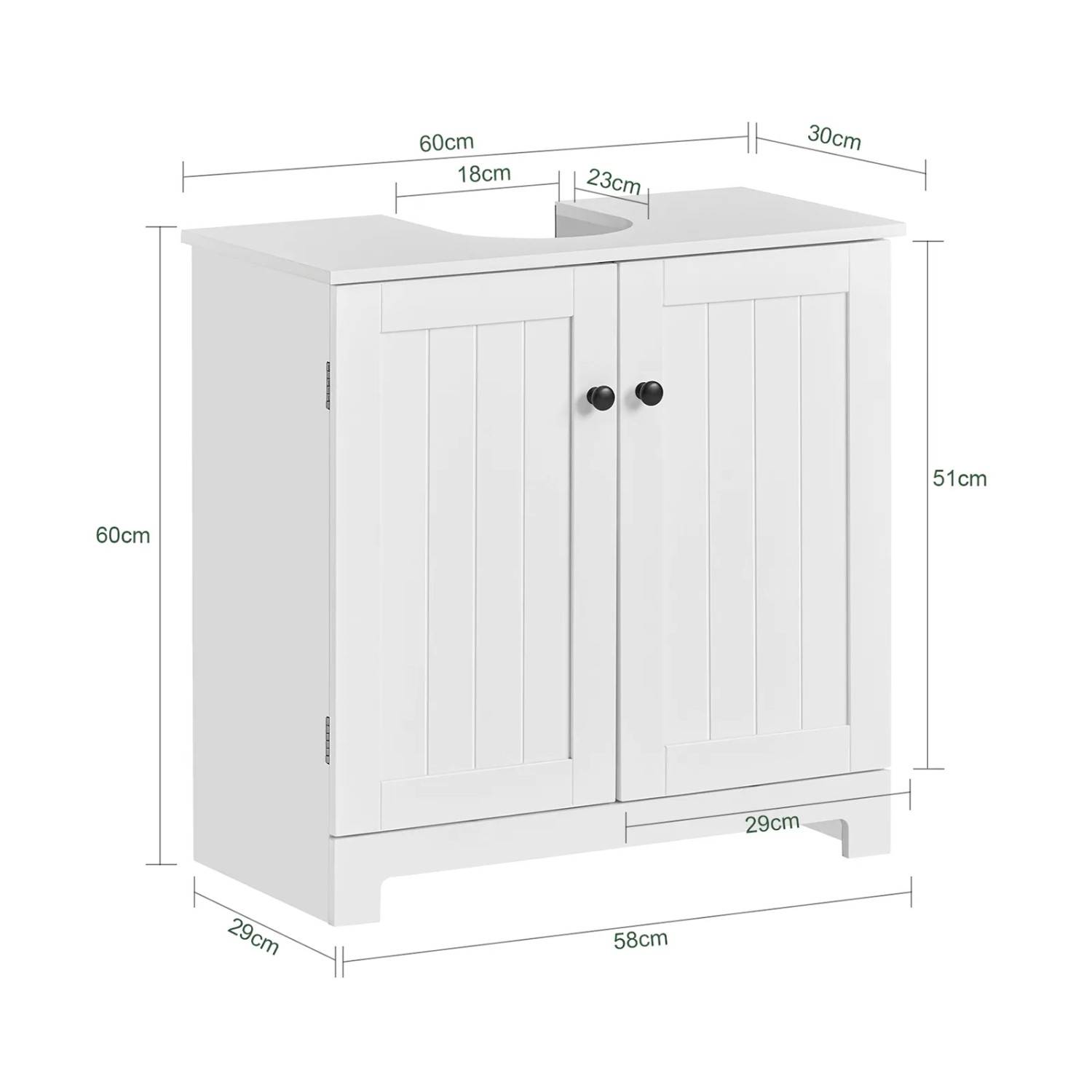 SoBuy Waschbeckenunterschrank BZR18-II-W, weißes MDF, 60 cm breit, mit zwei Fächern und schwarzen Knöpfen.