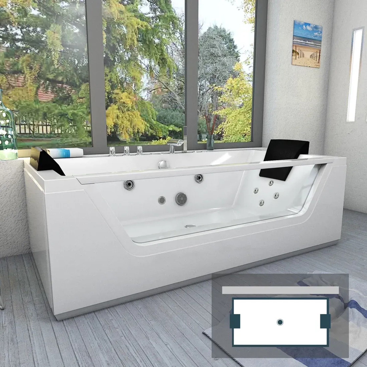 Weisse AcquaVapore Whirlpool Badewanne W83R-TH-B mit Armaturen und Kopfstützen vor Fenster.