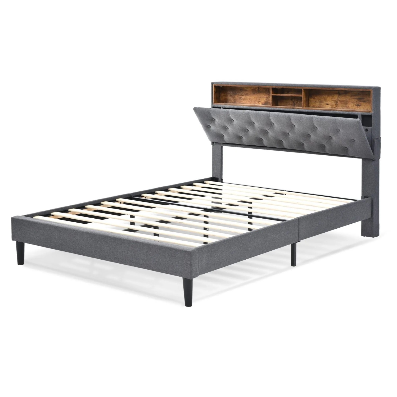okwish Polsterbett 140x200cm mit LED Kopfteil Stauraum Jugendzimmer Grau mit Matratze